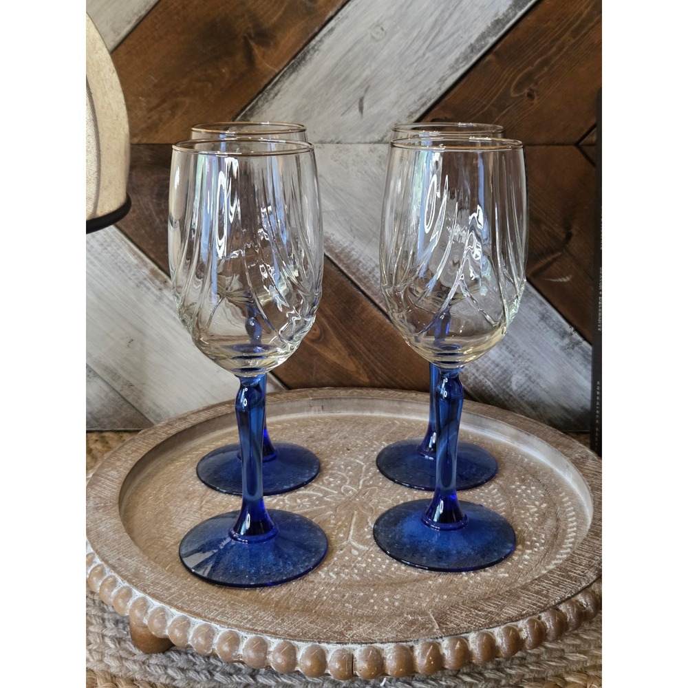 Vintage Cobalt Blue Twist Stem Wine Glasses Optic Swirl Gold Rim Set of 4